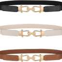 JASGOOD Women Skinny Elastic Belt for Dresses,Thin Retro Stretch Waist Belt with Golden Buckle (Fit waist size 37-45 inch, A-black+brown+beige)