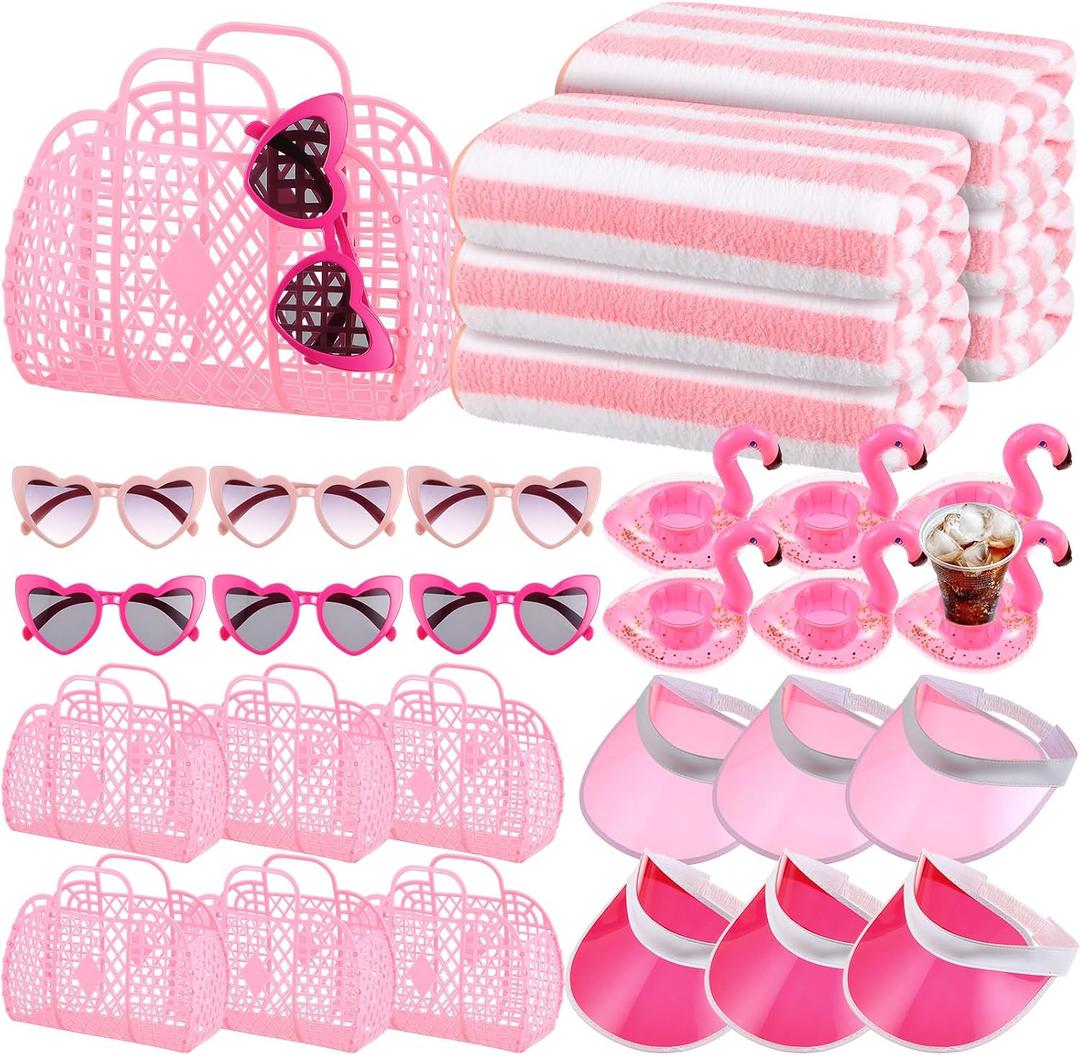 Reallnaive 50 Pcs Bachelorette Pool Party Favors Set for Women 10 Guest Pink Jelly Tote Bags Heart Sunglasses Quick Dry Towels Inflatable Drink Holders Sun Visor for Bridal Shower Beach Party Supplies