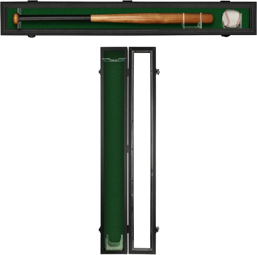 Baseball Bat Display Case Wood Frame Wall Mounted Vertical or Horizontal Holder Rack Cabinet with UV Protection-Lockable Acrylic Door- Black 1 Pack