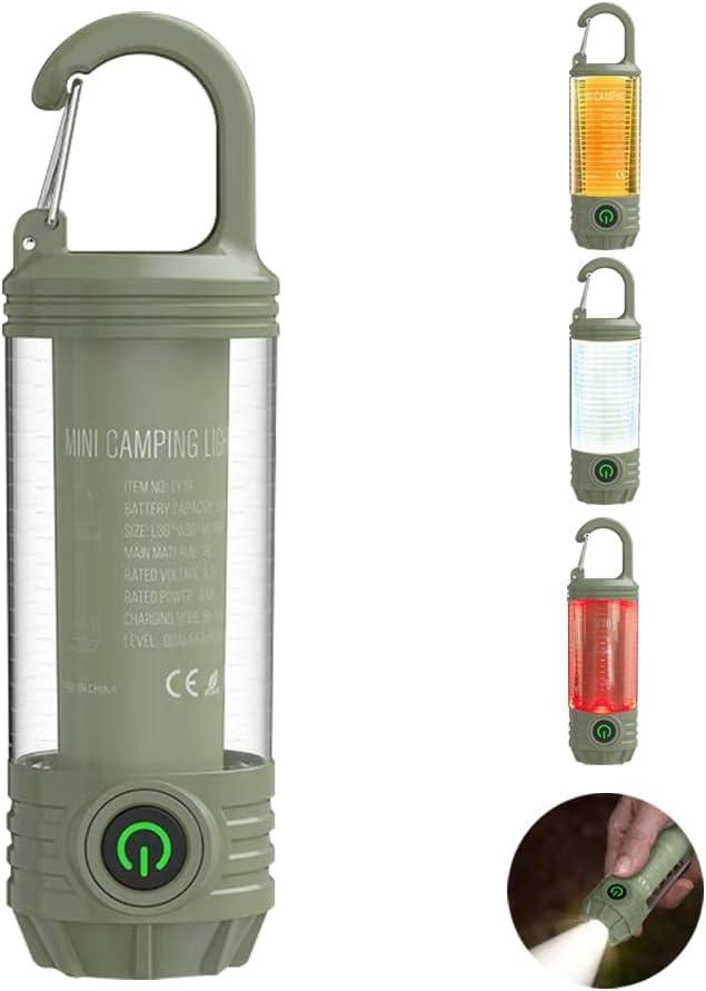 Rechargeable LED Mini Camping Flashlight, Portable Outdoor Light with Hook, White Warm Light and Red Light, 6 Modes, with Signal Flash.