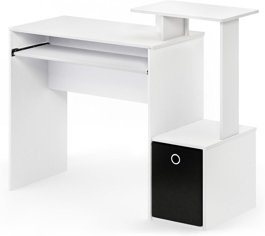 Furinno Econ Multipurpose Home Office Computer Writing Desk, White/Black Side Shelves and Storage Bin, Computer Desk, Office Desk, for Home Office, Study Room, Dorm (Compact, White/Black)