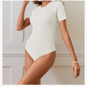 MEROKEETY Women's Short Sleeve Crewneck Bodysuits Summer Ribbed Knit Tops Slim Fit Body Suit White M
