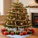 Christmas Tree Skirt Cotton Floral Block Tree Skirt in Nature Color for Home Xmas Party Seasonal Holiday Decoration Indoor Outdoor(48 Inch,Blue and White)