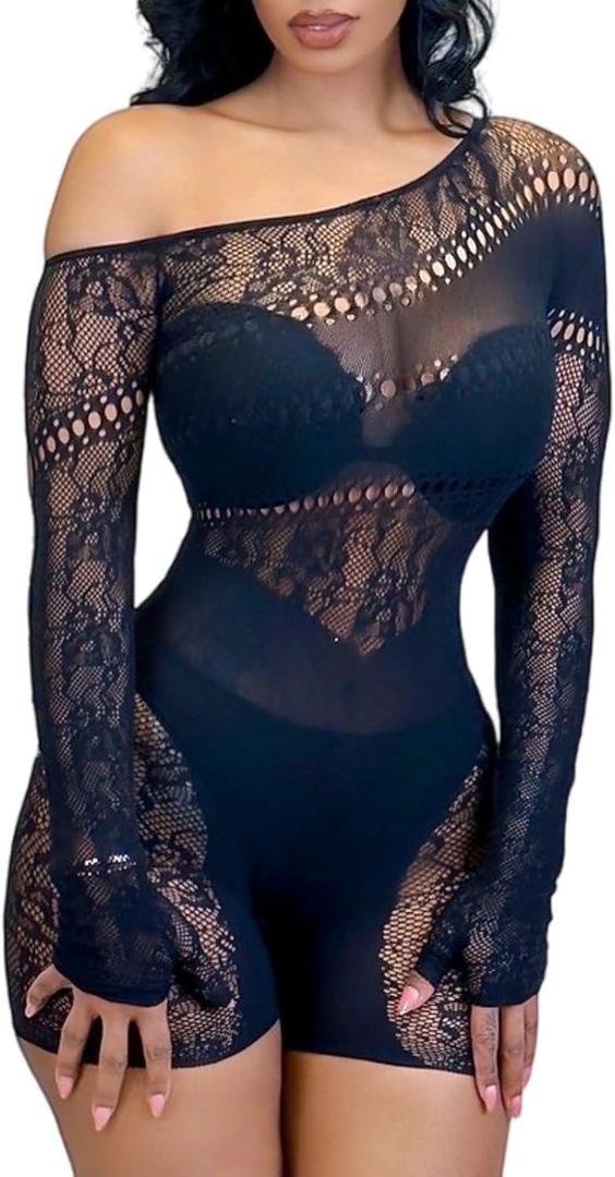 Women's Sexy See Through Long Sleeve Rhinestone Accent One Shoulder Cutout Mesh Lace Bodysuit Jumpsuit (Black)