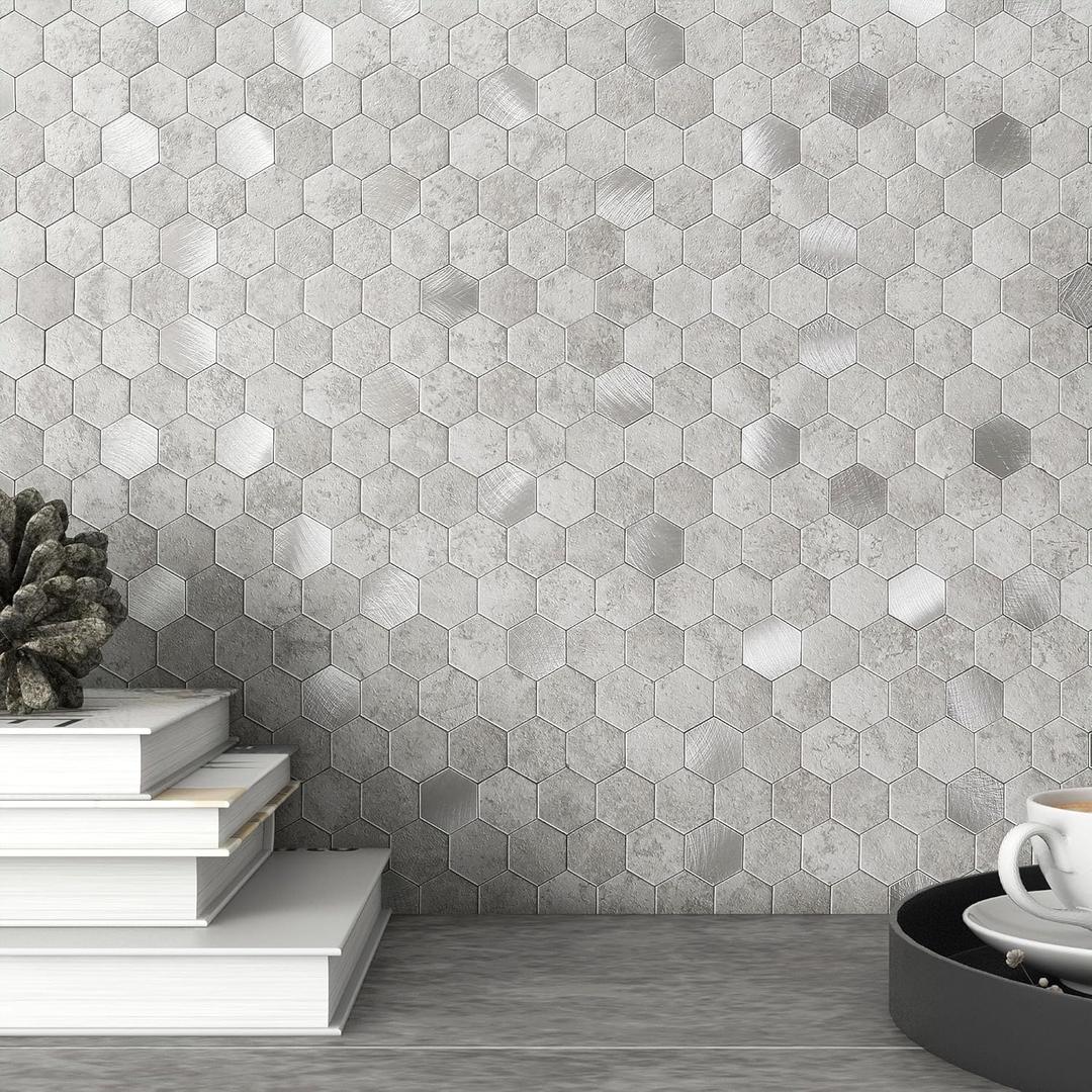 MOFIT Hexagon Peel and Stick Backsplash Tiles Kitchen,Self-Adhesive Metal and Marble Honeycomb Peel and Stick Wall Tiles Sticker Mosaic Heat Resistant(Cement Grey,5sheets)