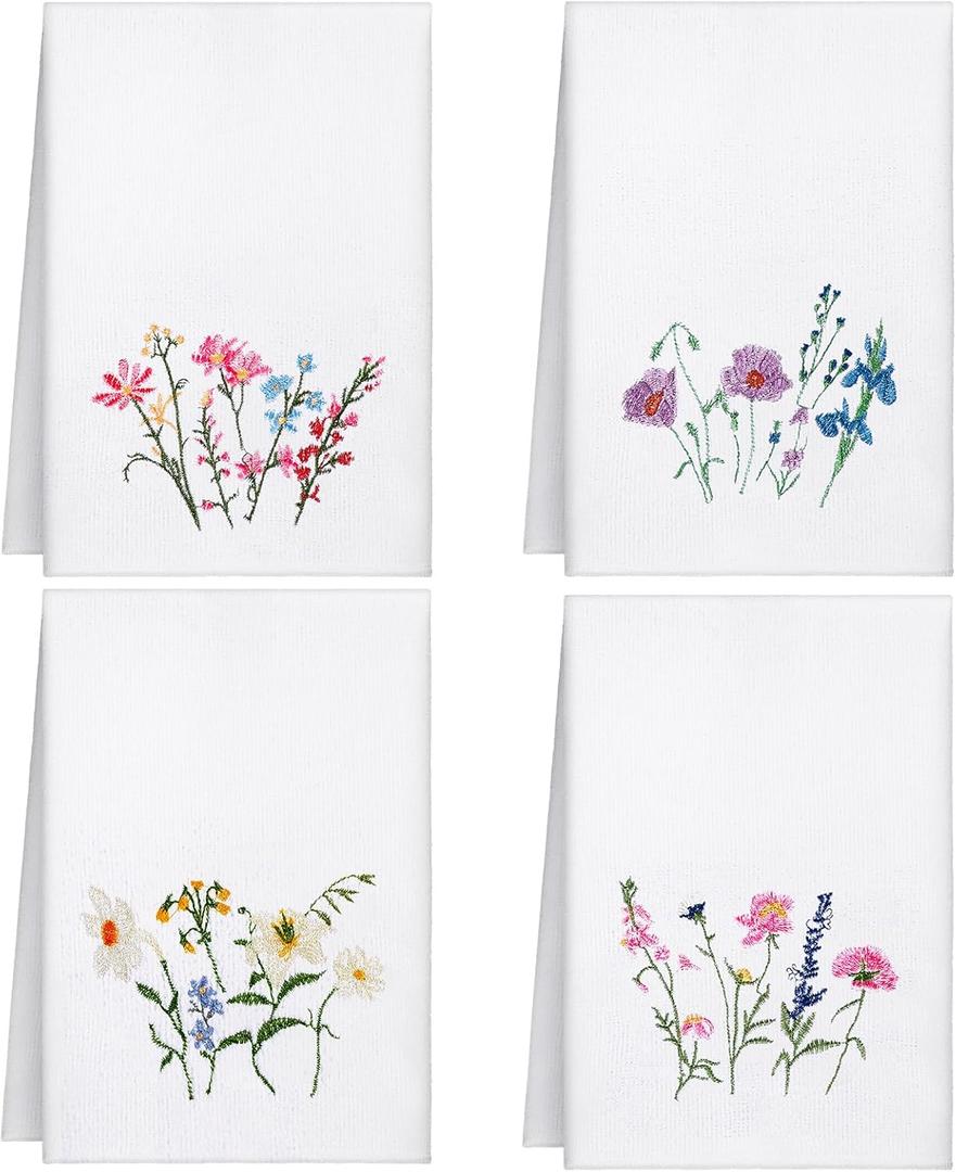 Geyoga 4 Pcs Floral Embroidery Fingertip Towels Wild Flowers Bathroom Hand Dish Towels Flower Bee Farmhouse Tea Washcloths for Bathroom Kitchen Summer Home Decor(White,Wildflowers)