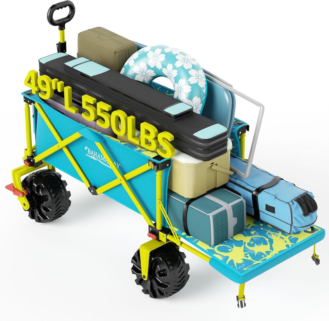 Old Bahama Bay 300lbs Extra Long 49" L Beach Wagon with Big Wheels with Brake for Sand, Collapsible Utility Beach Cart Heavy Duty Folding Wagon,Ideal for Outdoor Sand Camping Garden Pet