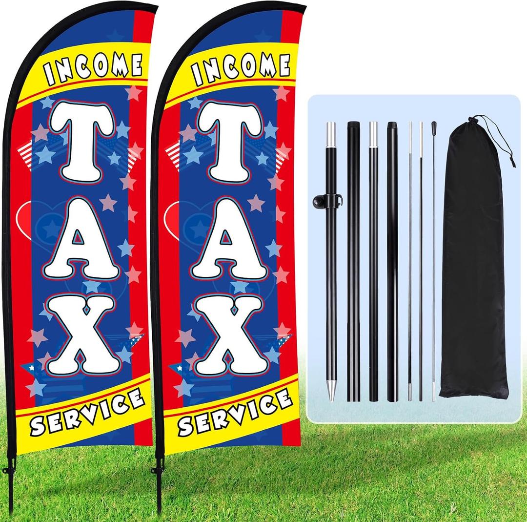 Buryeah 2 Sets Income Tax Service Feather Flag with Pole Kit and Ground Stake 8ft Advertising Sign Banner Swooper Flag with Ground Stake and Portable Bag for Business Outside Event
