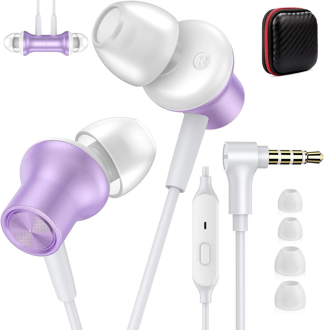 Noise Canceling Wired Earbuds for Chromebook Laptop PC, Ear Buds Wired with 3.5mm Plug in Audio Jack Mic/Mute HiFi Stereo Wire Headphone Corded Earphones for Kindle Fire Switch School, Purple