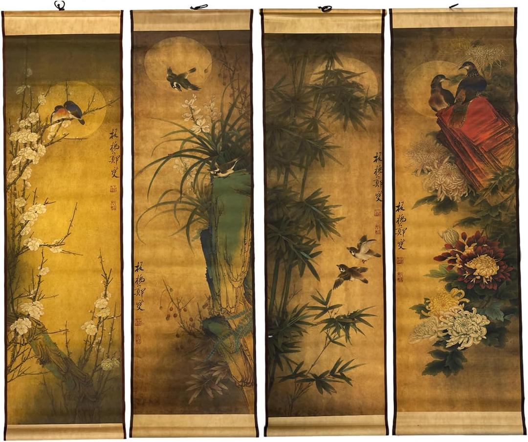 4-Piece Large Wall Scroll Hanging Painting Decor, Ancient Replica Vintage Flowers and Birds Paintings, Plum Orchid Bamboo Chrysanthemum Bird