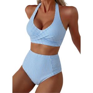 Herseas Women's High Waisted 2 Piece Bikini Sets Halter Patch Pocket Swimsuits 2026 Striped Bathing Suits Resort Wear, Small