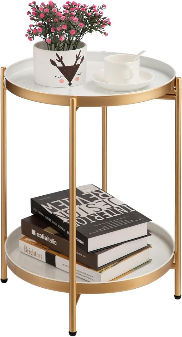 HollyHOME 2-Tier Round Gold Side Table, Outdoor Small Folding Accent Stand with Removable Tray, Anti-Rust Metal Asional Table for Balcony Patio Living Room, Nightstand for Bedroom(Gold&White)