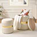 Round Ottoman with Storage Set of 2 Upholstered Velvet Vanity Stool for Living Room Storage Ottomans Multifunctional Foot Rest (White with Middle Gold), Small, Large