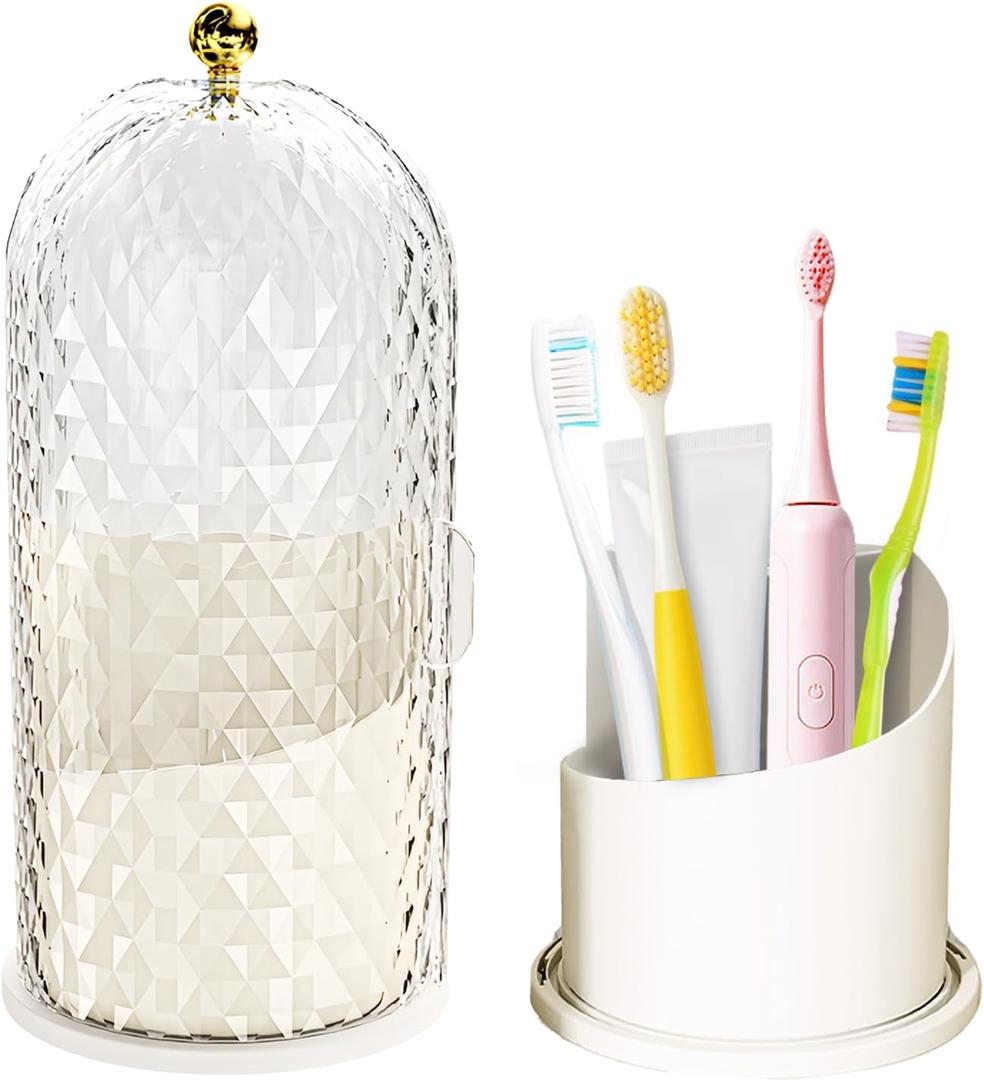 Multifunctional Rotating Toothbrush Holders with Sliding Lid, The 3-Slot Bathroom Countertop Vanity Organizer Perfect for Tooth Brush, Toothpaste, and Makeup Brushes Holder Storage (White)