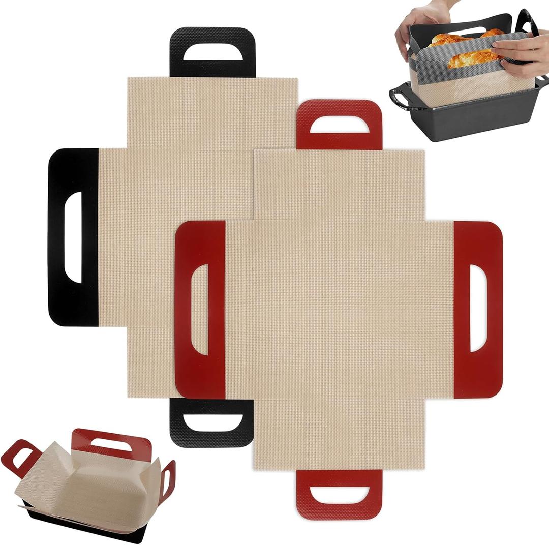 Upgraded Loaf Pan Liners with 4 Handles, 2 PCS Reusable Silicone Bread Sling, Bread Sourdough Baking Mat Non-Stick & Easy to Clean, Best Fits 9x5" or 1.5lb Loaf Pans, Black & Red