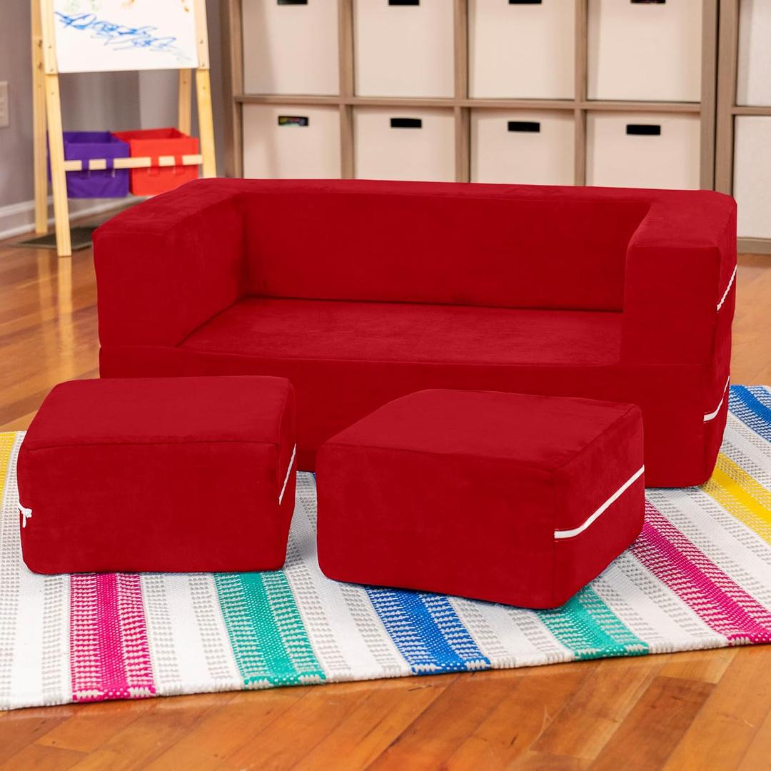 Jaxx Zipline Kids Modular Loveseat & Ottomans/Fold Out Lounger, Cherry Jaxx Zipline Kids Modular Loveseat & Ottomans/Fold Out Lounger, Cherry