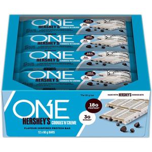 Herseys ONE Protein Bars, Hershey's Cookies 'N' Creme, Gluten Free Protein Bars with 18g Protein and 3g Sugar, Snacking for High Protein Diets, 60g (12 Count)