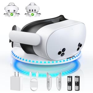 Kinwin 30W Fast Charging Dock for Meta Quest 3S/3/2, Magnetic Charger Station Stand for Oculus Quest 3S/3 Accessories with 11-Color RGB Light, 2 Rechargeable Batteries & Covers (Round/White)