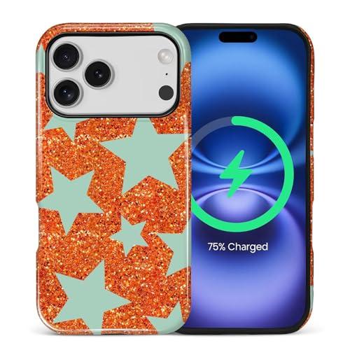 Artslion for iPhone 17 Pro Case for Women Girl Men Boy, Compatible with MagSafe, Shockproof Soft Silicone & Hard PC Shell Protective Case for iPhone 17 Pro - Orange Glitter Stars Sparkle