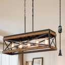 Rustic Farmhouse Plug in Kitchen Island Lighting, 5 Lights Rectangular Pendant Light Fixture with Adjustable Chain, Dimmable Switch, Oak Wood and Metal Linear Chandelier for Dining Room Home, Black, Large 5-Light Hanging Lamp
