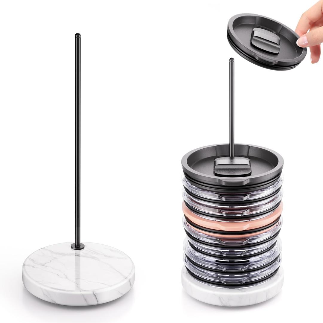 Tumbler Lid Organizer with Marble Base for Stanley /Yeti Tumbler,Space-saving Vertical Cup Lid Holder Storage Design for Up to 10 Lids,Clutter-Free Kitchen Cabinets and Countertops (Black)