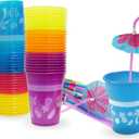 4E's Novelty 48 Packs Tropical Party Cups with Parasol Straws - Disposable Plastic Cups 16oz BPA free, for Hawaiian Luau Party and Pool Parties, Beach Theme Birthday Decorations for Kids & Adults