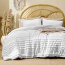 BEDELITE Boho Comforter Set Queen Size, White Tufted Striped Bed Set 3 Pieces, Soft Vintage Farmhouse Comforter for All Seasons, Boho Home Decor,Fluffy Jacquard Bedding with 2 Pillow Shams