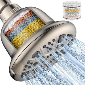 MakeFit Filtered Shower Head Brushed Nickel - High Pressure Shower Head with Filter for Hard Water Softener - 7 Settings Bathroom Rain Showerhead to Remove Chlorine and Heavy Metals