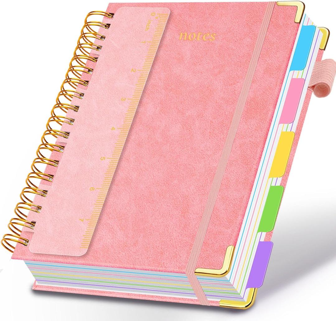 Hardcover Spiral Notebook 6.2"x 8.2" Journal Notebook with Tabs and Removable Dividers 300 Pages 5 Subject Notebook College Ruled, Faux Leather Spiral Bound Notebook for Women School Work (Pink)