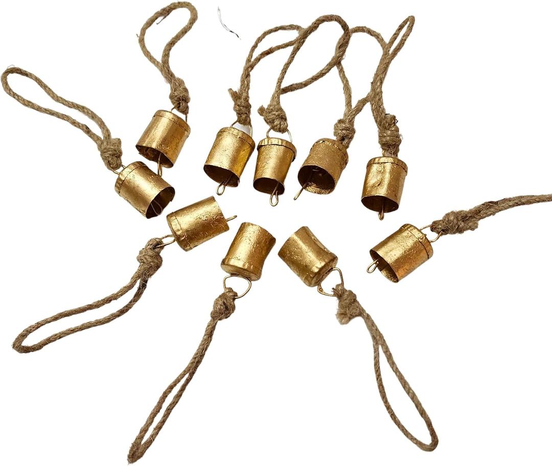 4cm Small Vintage Rustic Lucky Tin Metal Cow Bells Handmade Christmas Dcor Bells on Jute Rope (10, Cylinder)