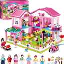 Mavo brix Friends Beach Pink House Building Sets for Girls 6-12, Seaside Villa House Compatible with Lego Friends, Come with 7 Minifigures Dolls, Motorcycle and Kitchen Accessories, STEM Educational