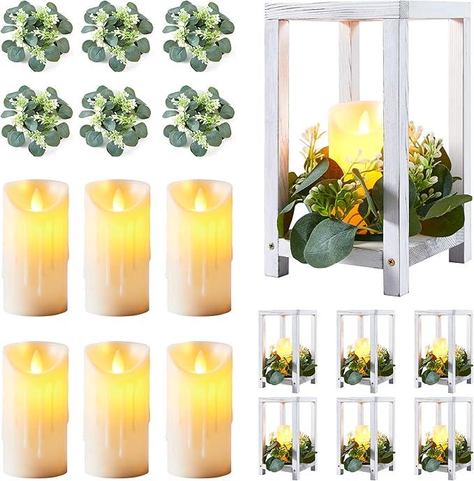 Neoflavie 16 Set 48 Pcs Wooden Wedding Lantern Centerpiece, Include 16 Wooden Candle Holders 16 LED Candles 16 Eucalyptus Leaves Wreath for Rustic Table Decoration, Country Barn Wedding, Party-Retro White