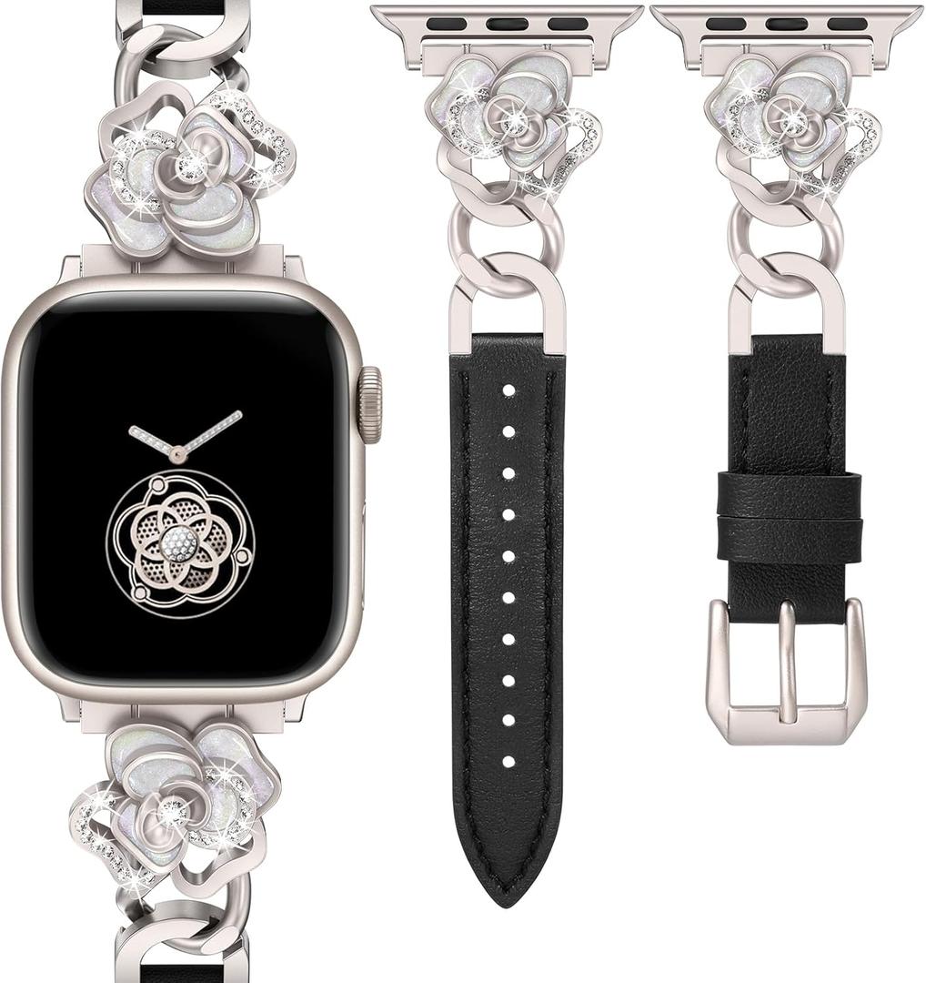 Minyee Compatible with Apple Watch Band 42/41/40/38/44/45/46/49mm Women, Dressy Slim Elegant Leather Metal Chain Strap with Bling Camellia Charms for iWatch Series 11 10 9 8 7 6 5 4 SE/Ultra 3 2 1