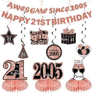 Kuxriox 11Pcs 21st Birthday Decorations Kit for Women, Rose Gold Happy 21st Birthday Banner, Awesome Since 2005 Centerpieces Swirls Party Supplies, Twenty-One Bday Banner Ceiling Table Topper Sign