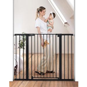 COMOMY 36" Extra Tall Baby Gate for Stairs and Doorways - Fits 29.5" to 48.8" Wide Openings, Auto Close Extra Wide Dog Gate for House, Pressure Mounted Easy Walk Through Pet With Door, Black (36"Tall 48.8"Wide)