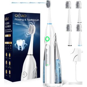 Electric Toothbrush with Water Flosser 3 in 1, Sonic Flossing Toothbrush with 3 Modes & 5 Speeds, 4 Brush Heads, Portable for Travel, for Adults Teeth Cleaning and Plaque Removal,White