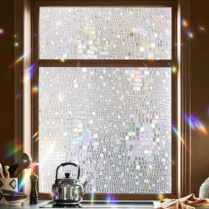 Stained Glass Window Privacy Film Static Cling Decorative Rainbow Window Film, No Adhesive UV Blocking Sun Cling for Bathroom, Bedroom, Glass Doors, Removable 3D Stone, 23.6 x 78.7 in