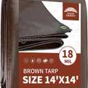 RAINDEWAY 14x14 Feet Super Heavy Duty 18 Mil Brown Poly Tarp Cover, UV Resistant, Weatherproof, Multipurpose Waterproof Poly Tarp with Grommets and Reinforced Edges