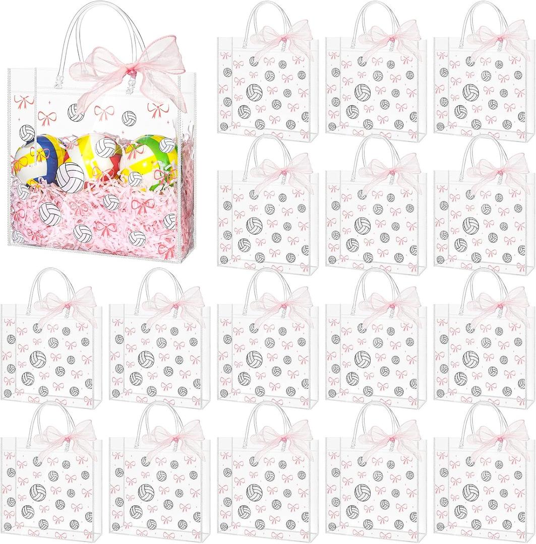 Sweetude 24 Pcs Volleyball Clear Treat Bags with Handles Bulk Volleyball Goodie Bags Sport Theme Party Gift Favor with Pink Bow Ribbon for Girl Youth Team Snack Birthday Gifts 7.9 x 7.9 Inch