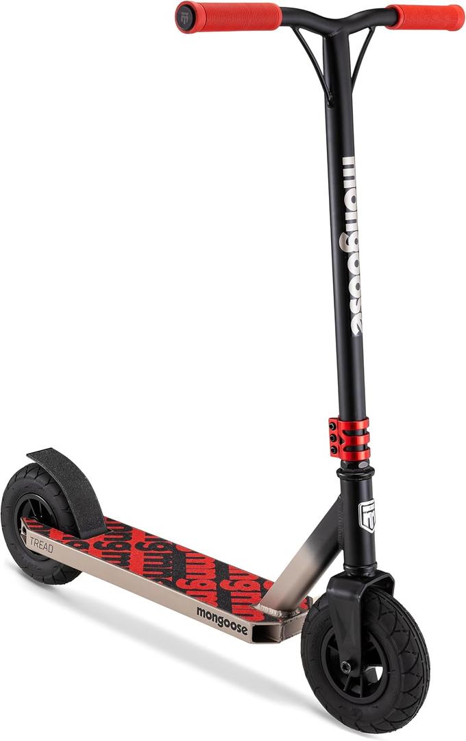 Mongoose Tread Kids and Adult Freestyle Dirt Scooter, 200mm Big Air Filled Tires, Great for Dirt and Gravel, Ages 8 Years and Up, Max Rider Weight 220 Pounds