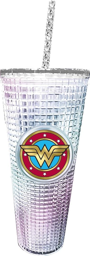 Spoontiques DC Comics Diamond Tumbler, 20oz - Textured Cup w/Staw, Double Wall Insulated, BPA Free - Wonder Woman (1 Count (Pack of 1))