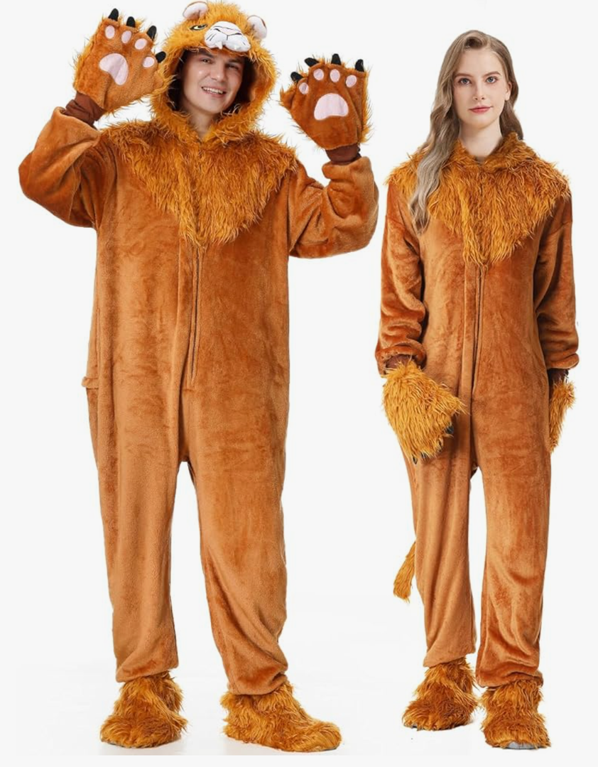 Lion Costume Adult Animal One Piece Unisex Lion Pajamas Halloween Party Onesie Cosplay Jumpsuit for Men Women XL