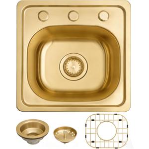 MILOSEN 15 x 15 inch Gold Drop in Bar Sink, T304 Stainless Steel Topmount RV Small Kitchen Sinks, Gold Deep Outdoor Single Bowl Wet Bar&Prep Sinks with Strainer, Brushed Nickel