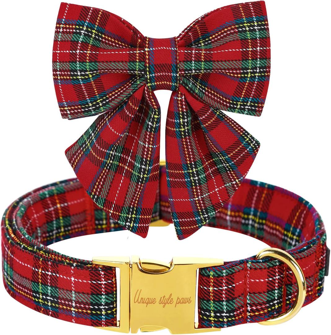 Unique style paws Christmas Dog Collar with Bow Tie Scottish Plaid Puppy Collar for Small Medium Large Dogs as Holiday Autumn Winter Gifts-L