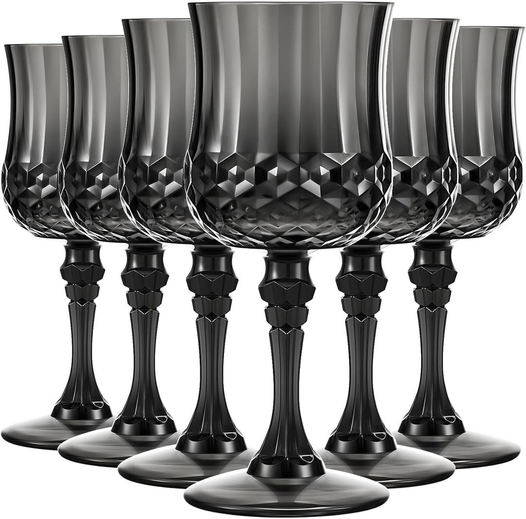 Pinkunn 6 Pcs 7 oz Plastic Vintage Wine Glasses Reusable Colored Goblets Patterned Drinking Water Glasses Cup Dishwasher Safe for Valentine's Day Wedding Reception Party Supplies (Black)
