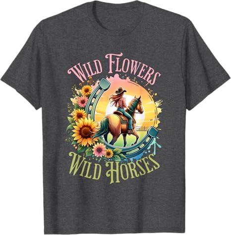Wild Flowers & Wild Horses Country Sunset Western Cowgirl T-Shirt,M