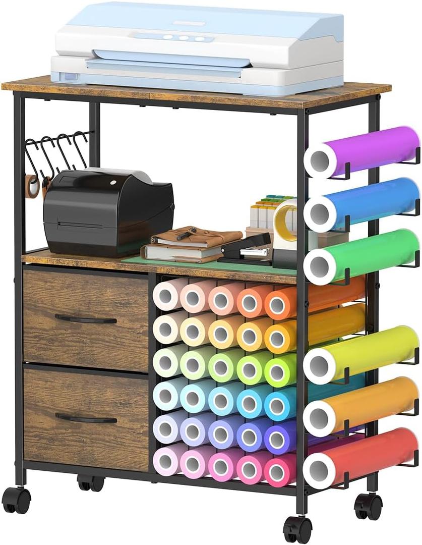 Storage Cart Compatible with Cricut, Roll Holders with 2 Drawers, Rolling Craft Cabinet Table for Accessories Holder,Tool Hook for Craft Room Home