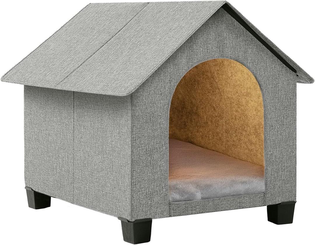 Indoor Dog House, Elevated Foldable Dog Cave Bed with Removable Plush Mat for Medium Dogs and Cats Up to 20.8 Inches Long