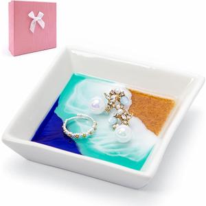 Nefelibata Ocean Jewelry Tray Beach Dish Ceramic Resin Trinket Dish Jewellery Plate Engagement Wedding Ring Holder Necklace Ear Ring Storage Ocean Art Gift for Women Christmas Housewarming Present