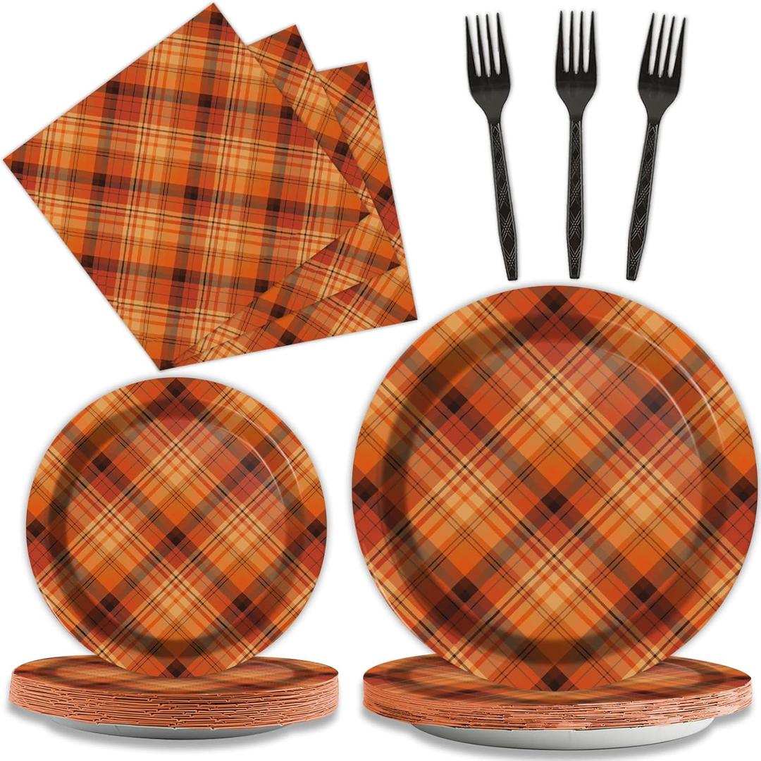gisgfim 96 Pcs Thanksgiving Fall Orange Plaid Party Supplies Paper Plates Napkins Autumn Party Disposable Tableware Birthday Decorations Favors Serves 24